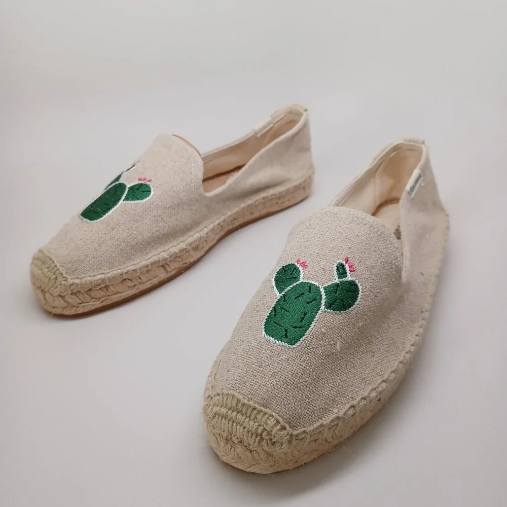 Soludos Espadrilles Cactus Embroidered Canvas Cap-Toe Slip on Flats Size 9.5 NEW